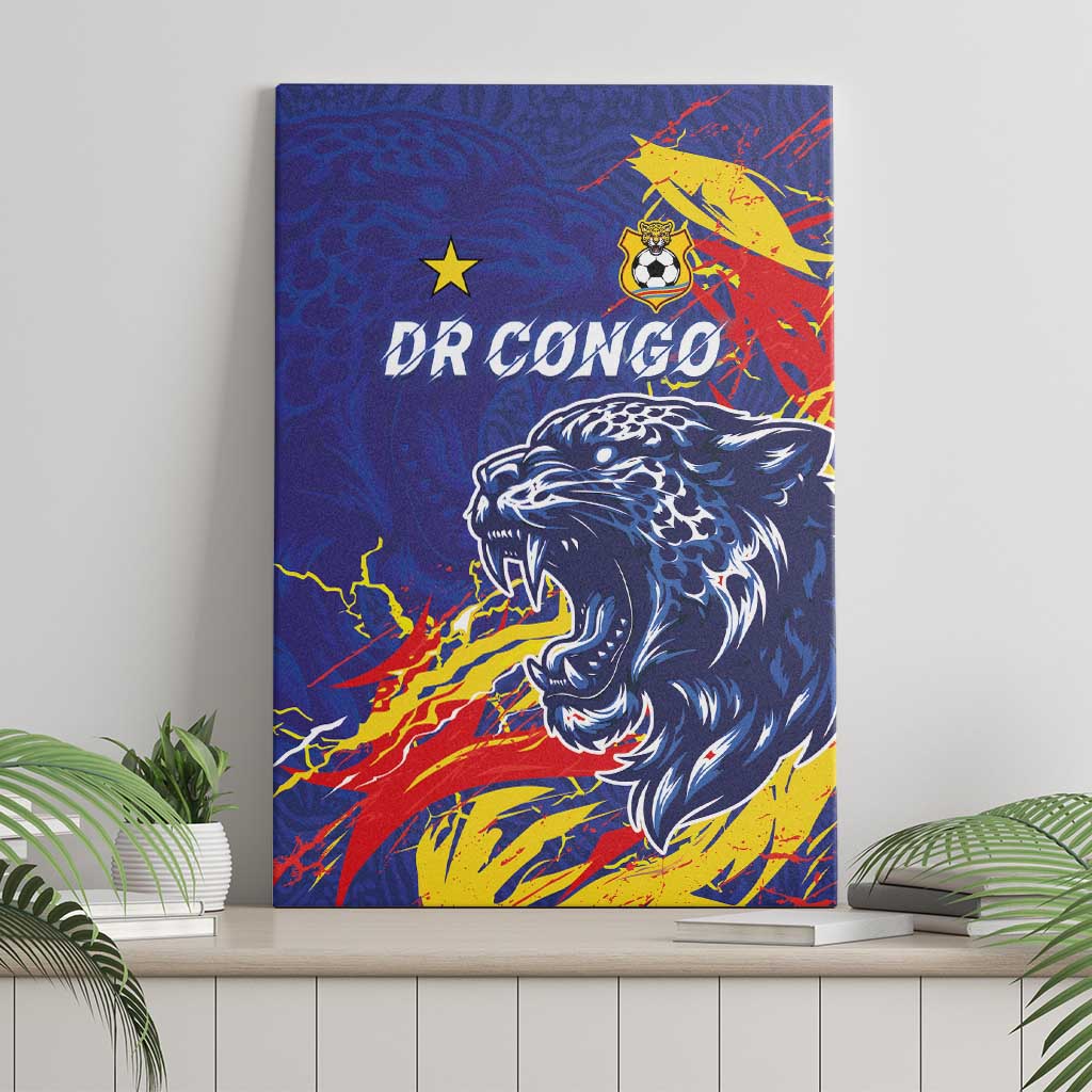 DR Congo Football Leopard Mascot Canvas Wall Art Fierce Leopard Art National Flag Colors