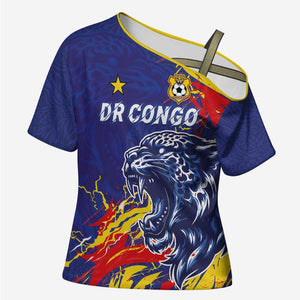 Custom DR Congo Football Leopard Mascot Cross Shoulder Shirt Fierce Leopard Art National Flag Colors