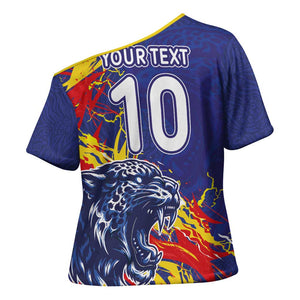 Custom DR Congo Football Leopard Mascot Cross Shoulder Shirt Fierce Leopard Art National Flag Colors