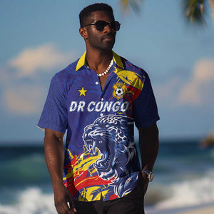 Custom DR Congo Football Leopard Mascot Hawaiian Shirt Fierce Leopard Art National Flag Colors