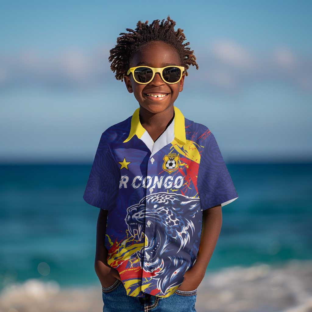 Custom DR Congo Football Leopard Mascot Kid Hawaiian Shirt Fierce Leopard Art National Flag Colors