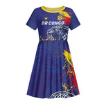 Custom DR Congo Football Leopard Mascot Kid Short Sleeve Dress Fierce Leopard Art National Flag Colors