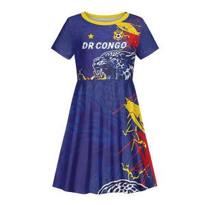Custom DR Congo Football Leopard Mascot Kid Short Sleeve Dress Fierce Leopard Art National Flag Colors