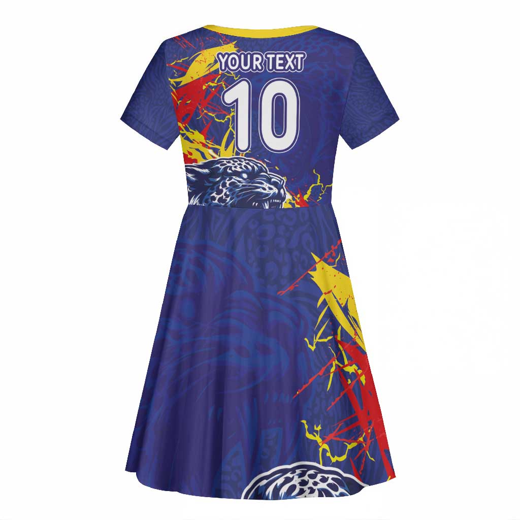 Custom DR Congo Football Leopard Mascot Kid Short Sleeve Dress Fierce Leopard Art National Flag Colors