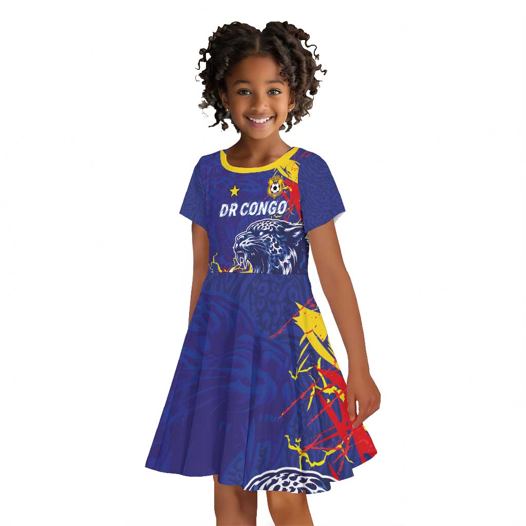 Custom DR Congo Football Leopard Mascot Kid Short Sleeve Dress Fierce Leopard Art National Flag Colors