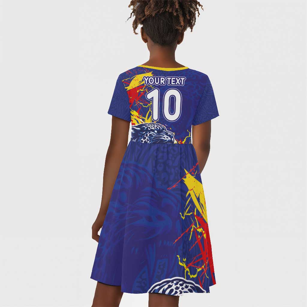 Custom DR Congo Football Leopard Mascot Kid Short Sleeve Dress Fierce Leopard Art National Flag Colors
