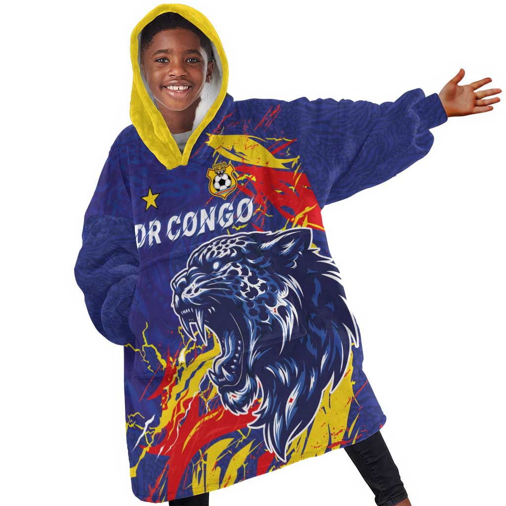 Custom DR Congo Football Leopard Mascot Kid Wearable Blanket Hoodie Fierce Leopard Art National Flag Colors