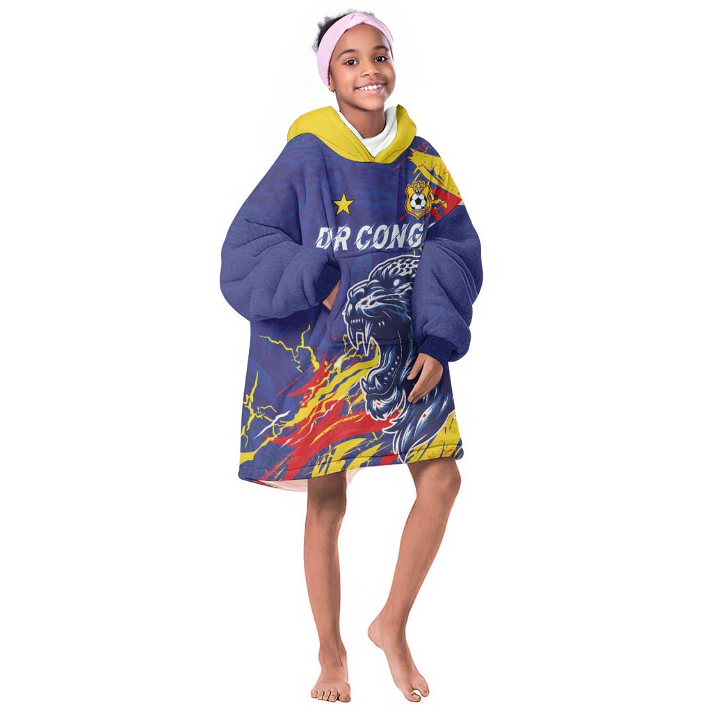 Custom DR Congo Football Leopard Mascot Kid Wearable Blanket Hoodie Fierce Leopard Art National Flag Colors
