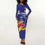 Custom DR Congo Football Leopard Mascot Long Sleeve Bodycon Dress Fierce Leopard Art National Flag Colors