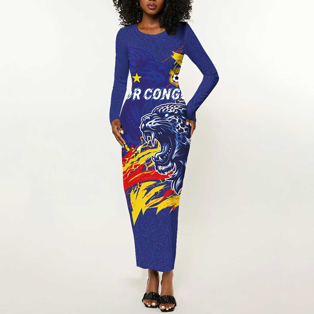 Custom DR Congo Football Leopard Mascot Long Sleeve Bodycon Dress Fierce Leopard Art National Flag Colors