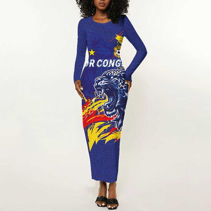 Custom DR Congo Football Leopard Mascot Long Sleeve Bodycon Dress Fierce Leopard Art National Flag Colors