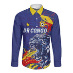Custom DR Congo Football Leopard Mascot Long Sleeve Button Shirt Fierce Leopard Art National Flag Colors