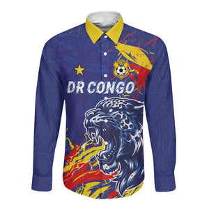 Custom DR Congo Football Leopard Mascot Long Sleeve Button Shirt Fierce Leopard Art National Flag Colors