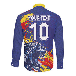 Custom DR Congo Football Leopard Mascot Long Sleeve Button Shirt Fierce Leopard Art National Flag Colors