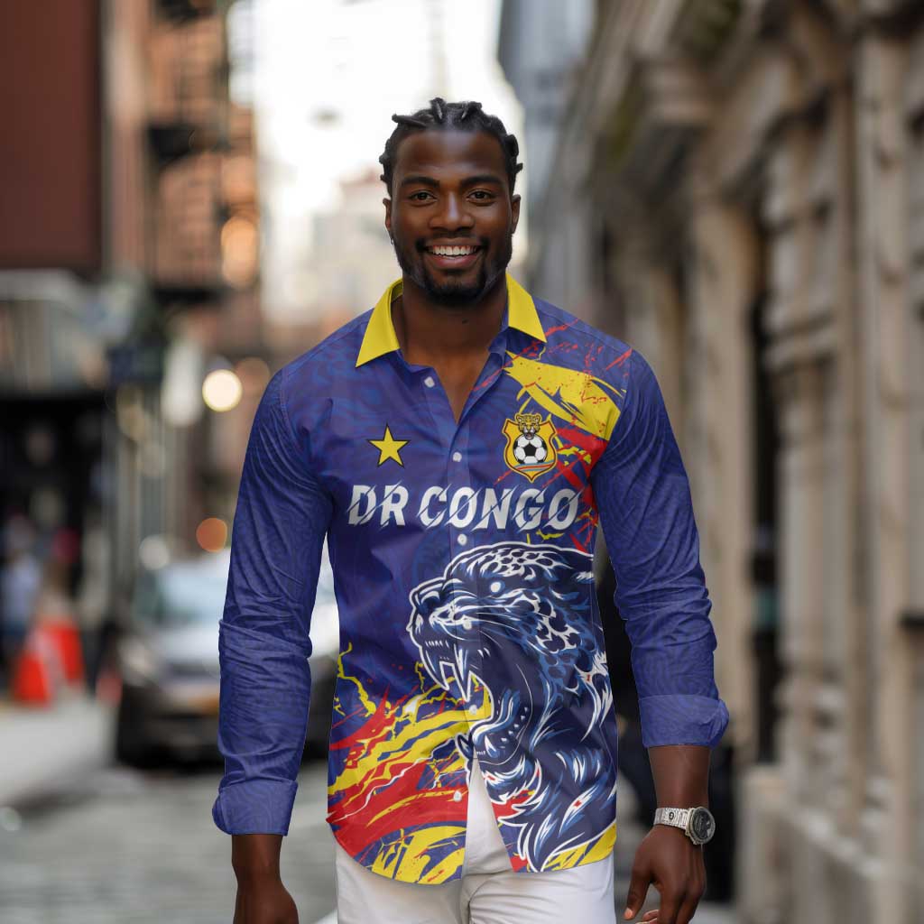 Custom DR Congo Football Leopard Mascot Long Sleeve Button Shirt Fierce Leopard Art National Flag Colors