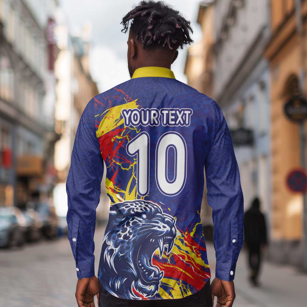 Custom DR Congo Football Leopard Mascot Long Sleeve Button Shirt Fierce Leopard Art National Flag Colors