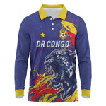 Custom DR Congo Football Leopard Mascot Long Sleeve Polo Shirt Fierce Leopard Art National Flag Colors