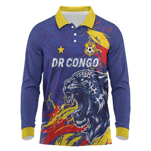 Custom DR Congo Football Leopard Mascot Long Sleeve Polo Shirt Fierce Leopard Art National Flag Colors