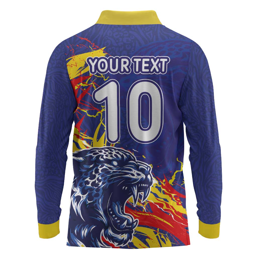 Custom DR Congo Football Leopard Mascot Long Sleeve Polo Shirt Fierce Leopard Art National Flag Colors