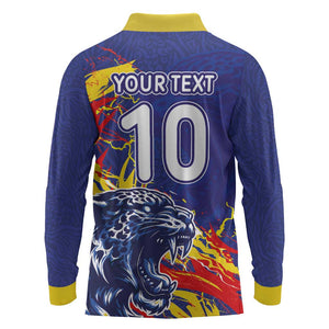 Custom DR Congo Football Leopard Mascot Long Sleeve Polo Shirt Fierce Leopard Art National Flag Colors