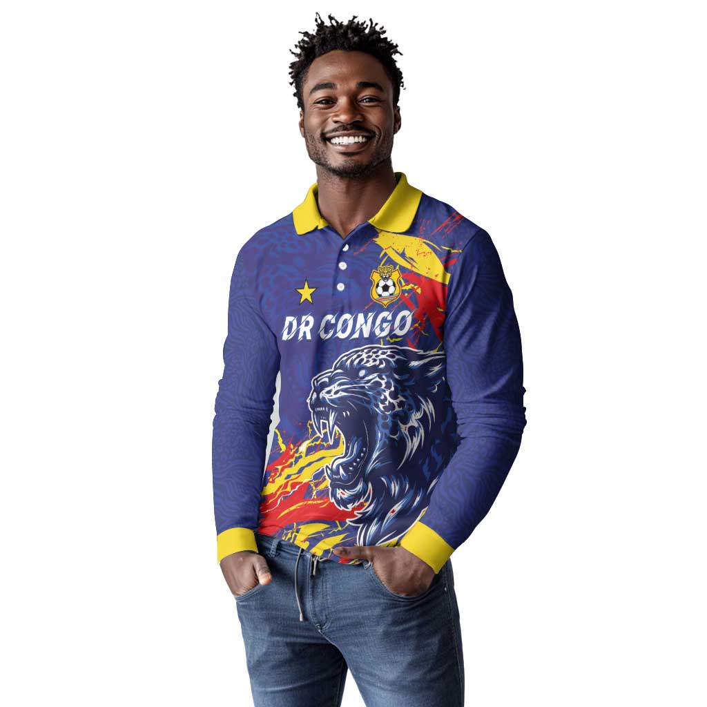Custom DR Congo Football Leopard Mascot Long Sleeve Polo Shirt Fierce Leopard Art National Flag Colors