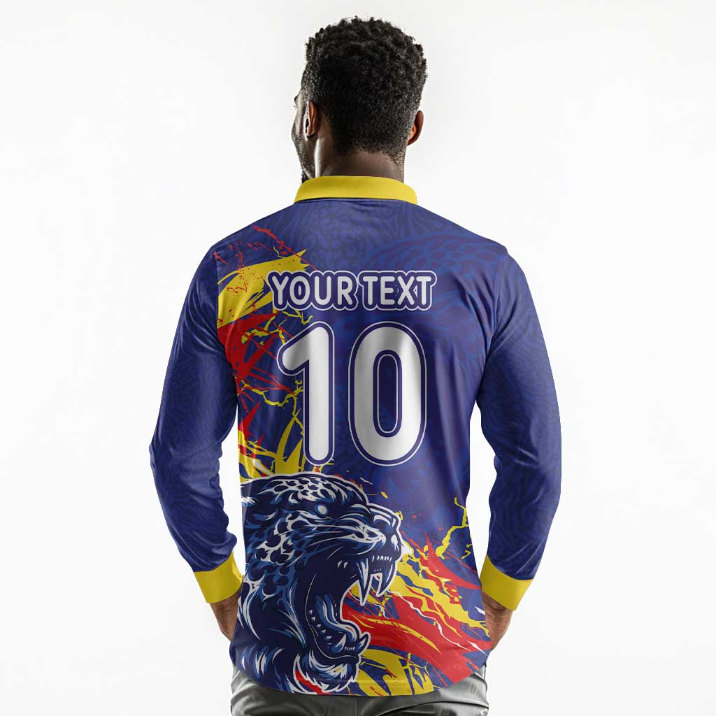 Custom DR Congo Football Leopard Mascot Long Sleeve Polo Shirt Fierce Leopard Art National Flag Colors