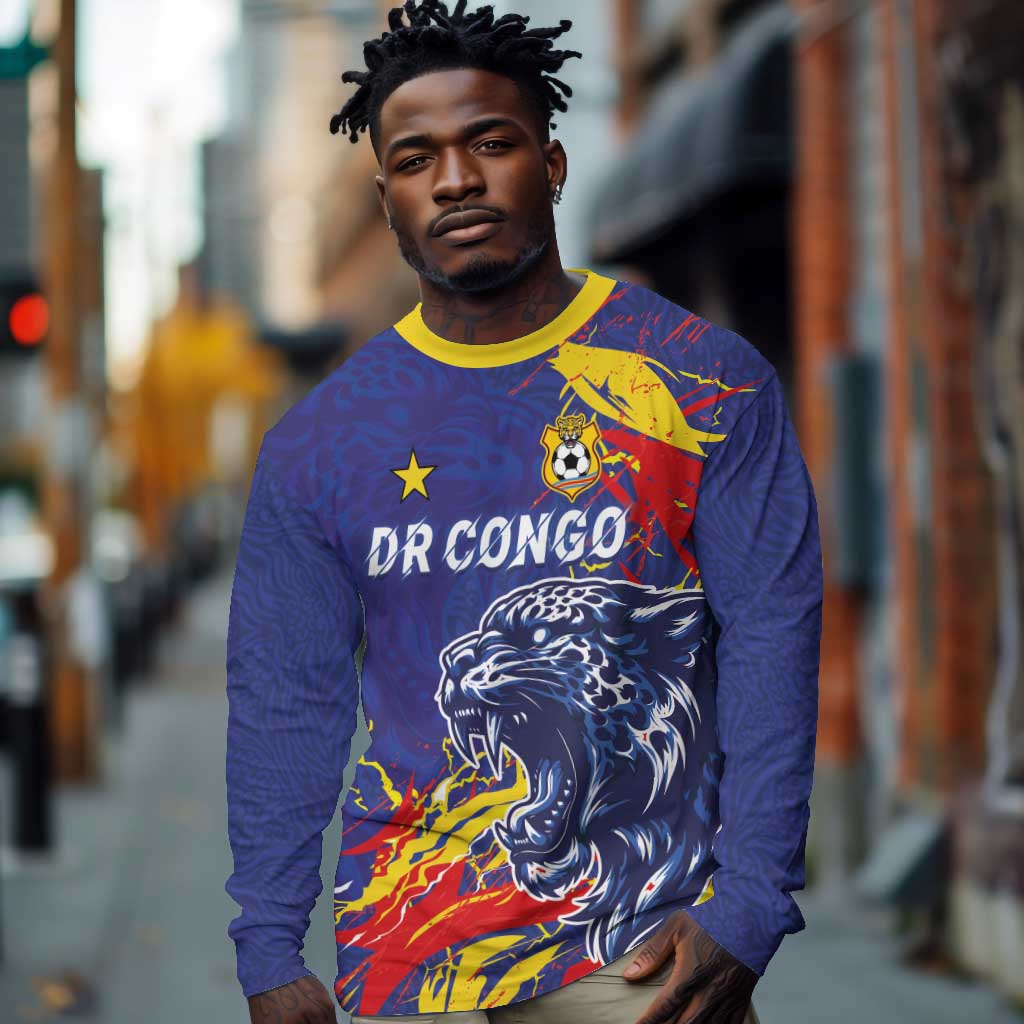 Custom DR Congo Football Leopard Mascot Long Sleeve Shirt Fierce Leopard Art National Flag Colors