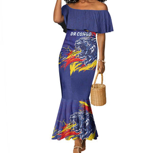 Custom DR Congo Football Leopard Mascot Mermaid Dress Fierce Leopard Art National Flag Colors