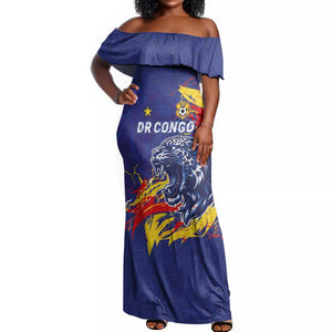 Custom DR Congo Football Leopard Mascot Off Shoulder Maxi Dress Fierce Leopard Art National Flag Colors