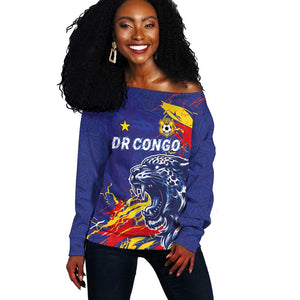 Custom DR Congo Football Leopard Mascot Off Shoulder Sweater Fierce Leopard Art National Flag Colors