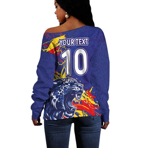 Custom DR Congo Football Leopard Mascot Off Shoulder Sweater Fierce Leopard Art National Flag Colors