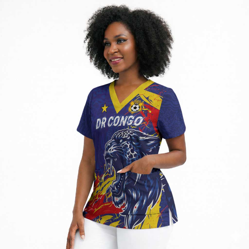 Custom DR Congo Football Leopard Mascot Scrub Top Fierce Leopard Art National Flag Colors