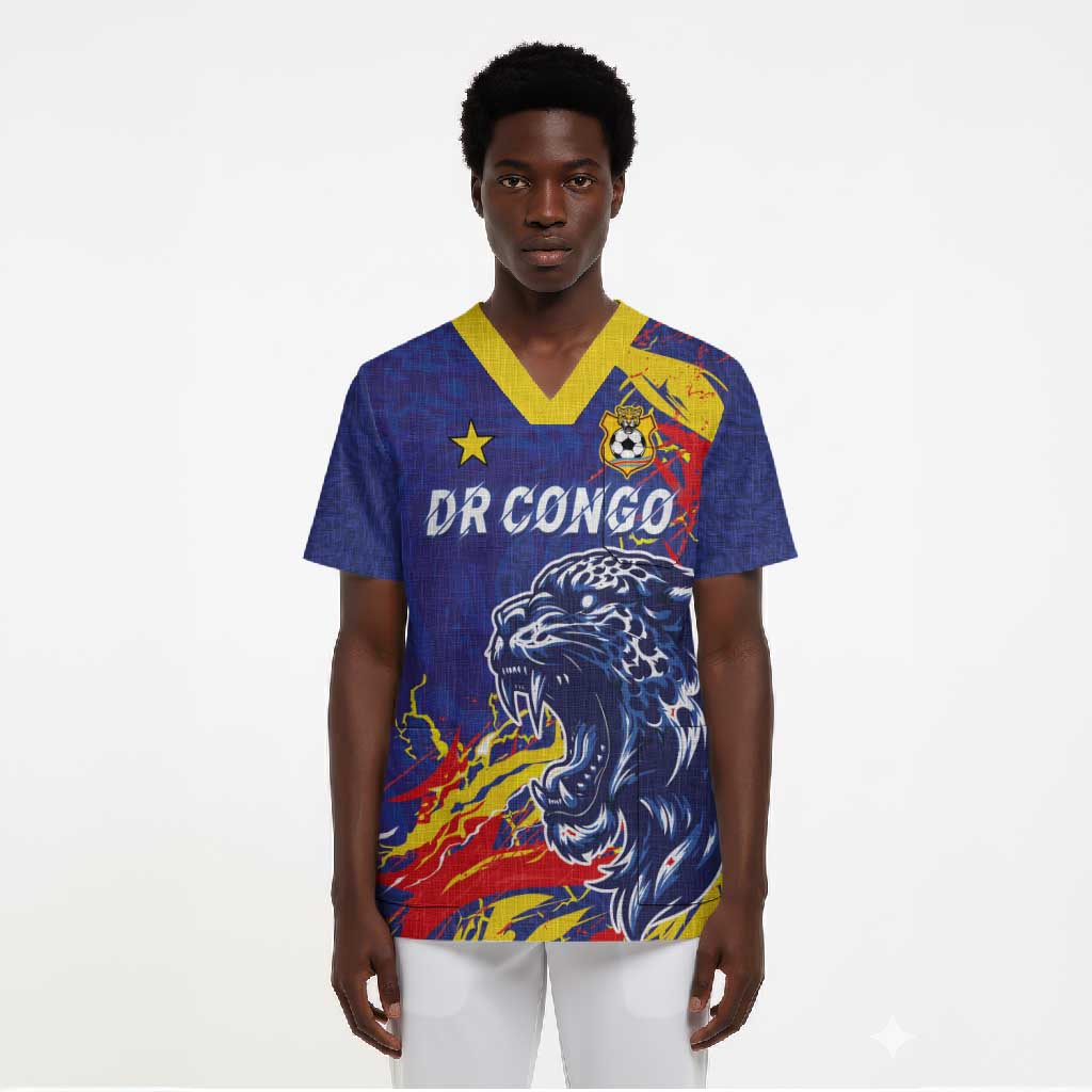 Custom DR Congo Football Leopard Mascot Scrub Top Fierce Leopard Art National Flag Colors