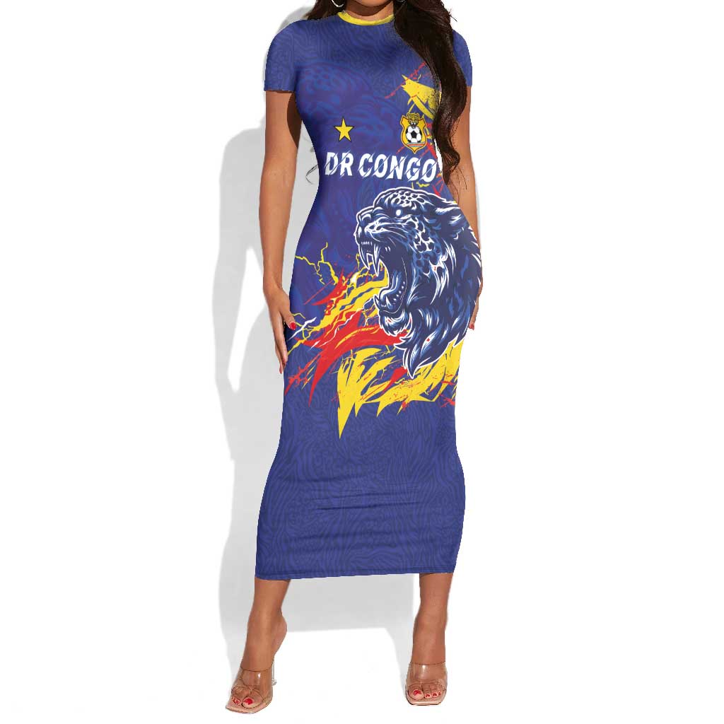 Custom DR Congo Football Leopard Mascot Short Sleeve Bodycon Dress Fierce Leopard Art National Flag Colors