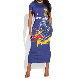 Custom DR Congo Football Leopard Mascot Short Sleeve Bodycon Dress Fierce Leopard Art National Flag Colors