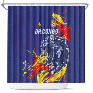DR Congo Football Leopard Mascot Shower Curtain Fierce Leopard Art National Flag Colors