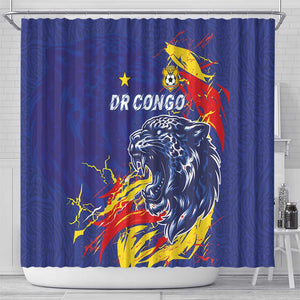 DR Congo Football Leopard Mascot Shower Curtain Fierce Leopard Art National Flag Colors