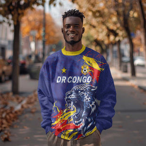 Custom DR Congo Football Leopard Mascot Sweatshirt Fierce Leopard Art National Flag Colors