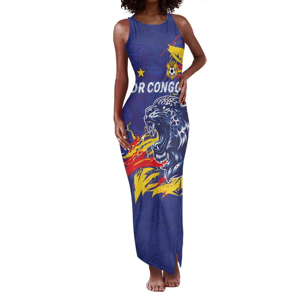 Custom DR Congo Football Leopard Mascot Tank Maxi Dress Fierce Leopard Art National Flag Colors