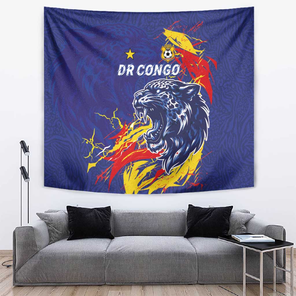 DR Congo Football Leopard Mascot Tapestry Fierce Leopard Art National Flag Colors