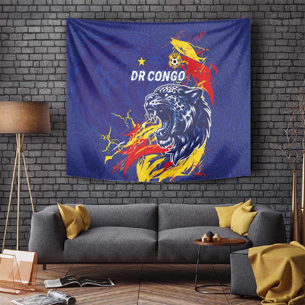 DR Congo Football Leopard Mascot Tapestry Fierce Leopard Art National Flag Colors