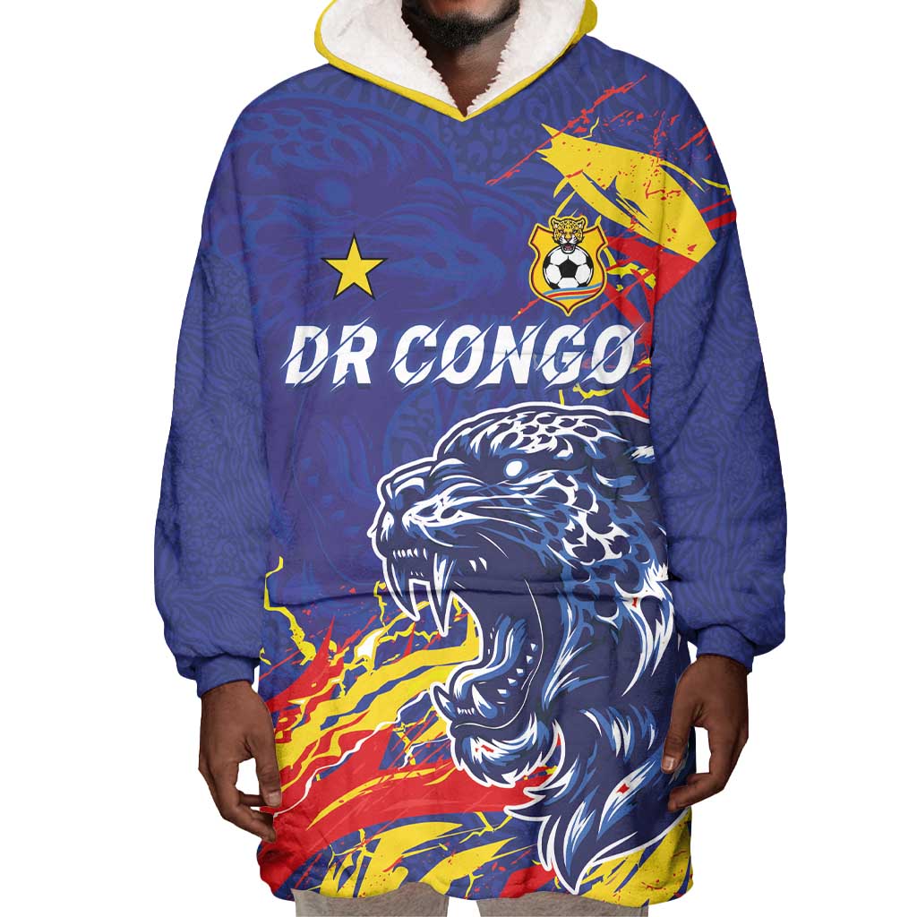 Custom DR Congo Football Leopard Mascot Wearable Blanket Hoodie Fierce Leopard Art National Flag Colors