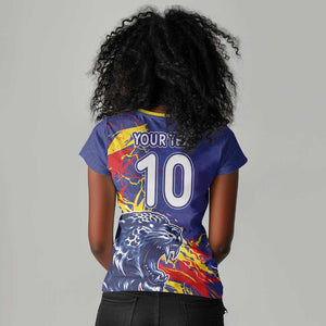 Custom DR Congo Football Leopard Mascot Women V-Neck T-Shirt Fierce Leopard Art National Flag Colors