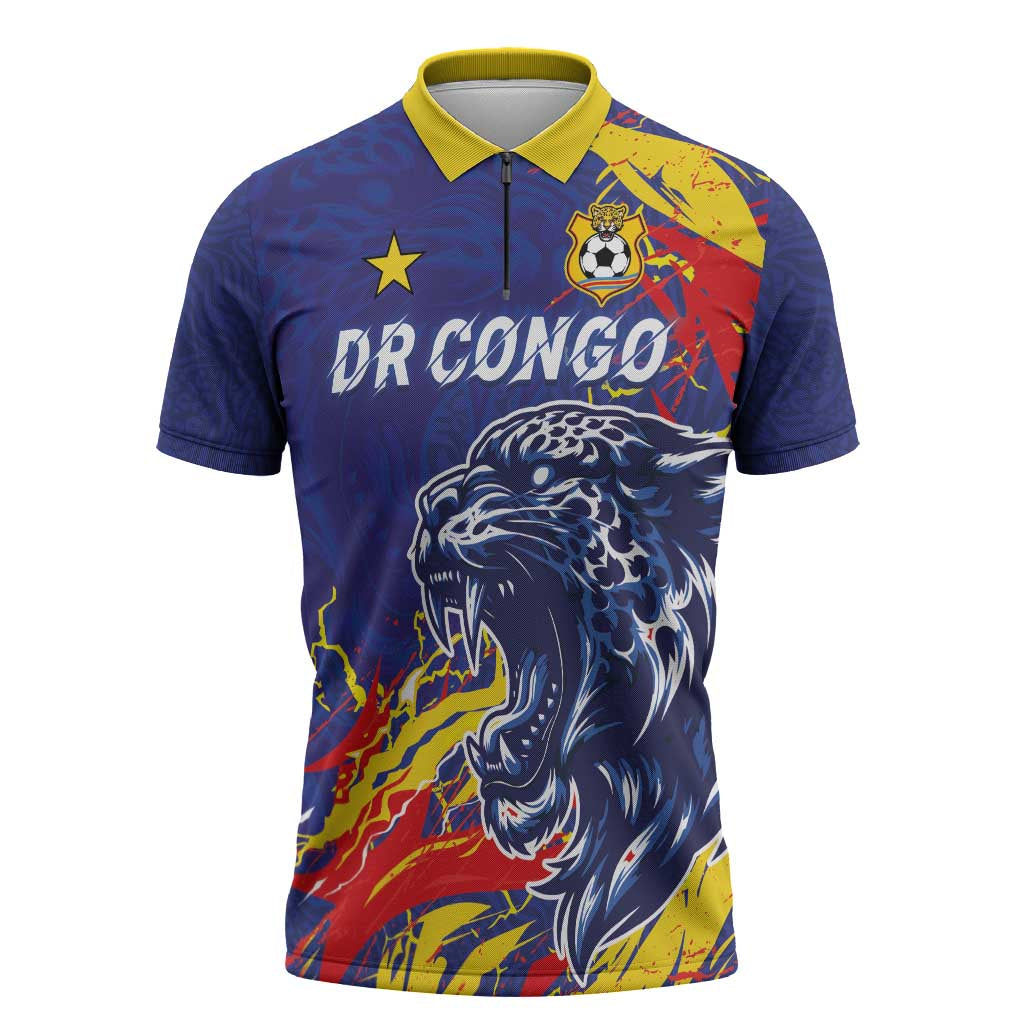 Custom DR Congo Football Leopard Mascot Zipper Polo Shirt Fierce Leopard Art National Flag Colors