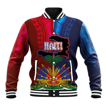 Haiti Coat Of Arms Map Dashiki Baseball Jacket Vibrant Caribbean Heritage