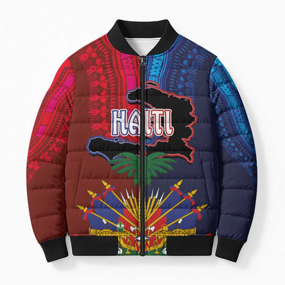 Haiti Coat Of Arms Map Dashiki Bomber Puffer Jacket Vibrant Caribbean Heritage