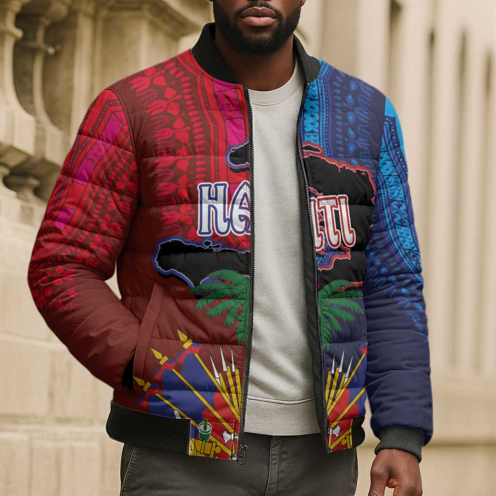 Haiti Coat Of Arms Map Dashiki Bomber Puffer Jacket Vibrant Caribbean Heritage