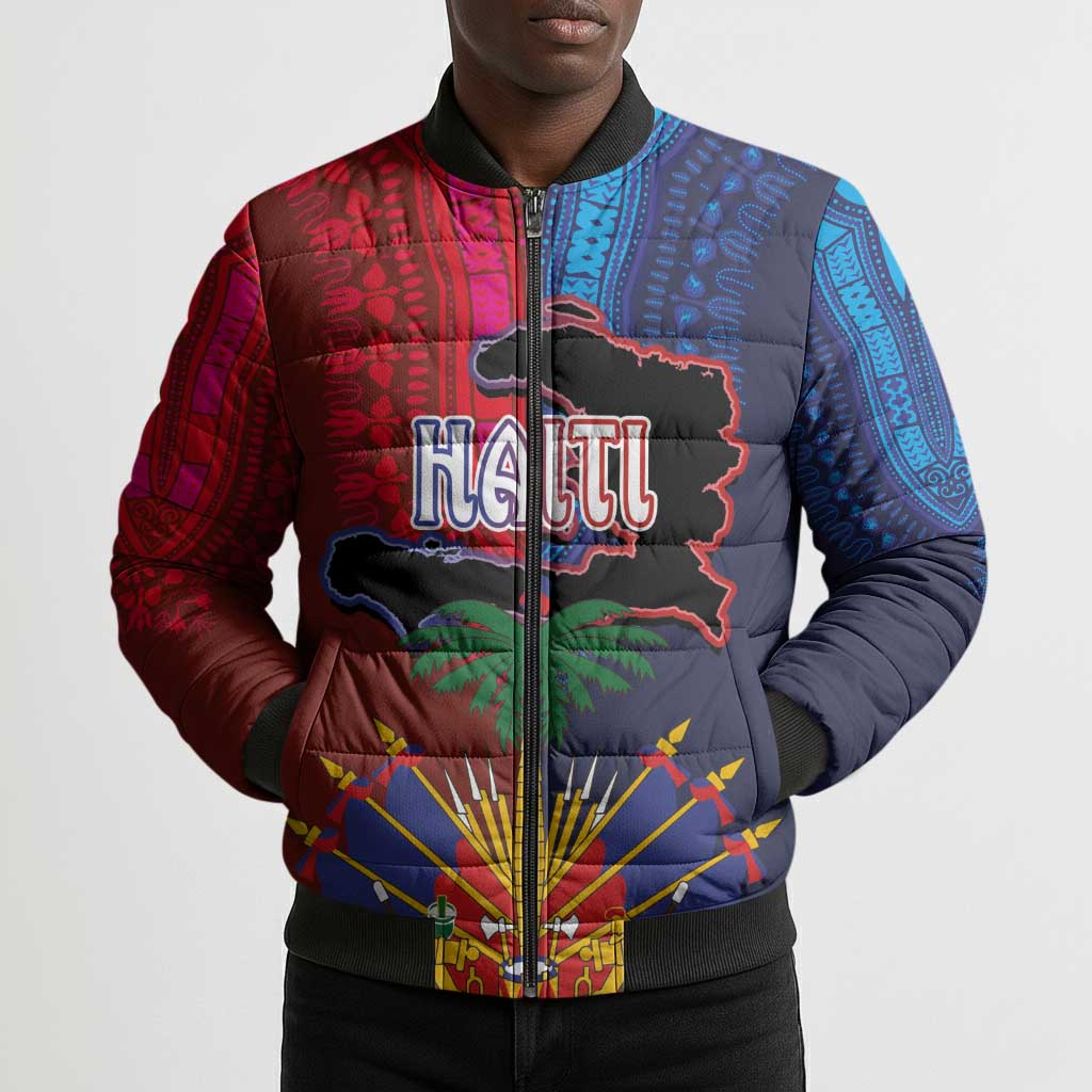 Haiti Coat Of Arms Map Dashiki Bomber Puffer Jacket Vibrant Caribbean Heritage