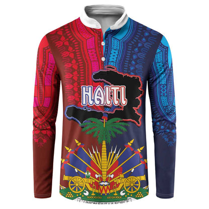 Haiti Coat Of Arms Map Dashiki Button Sweatshirt Vibrant Caribbean Heritage