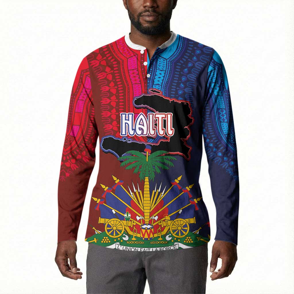 Haiti Coat Of Arms Map Dashiki Button Sweatshirt Vibrant Caribbean Heritage